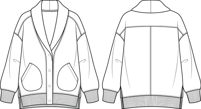 Technical shawl collar oversized cardigan jacket fashion flat sketch snap button design template front back view vector illustration