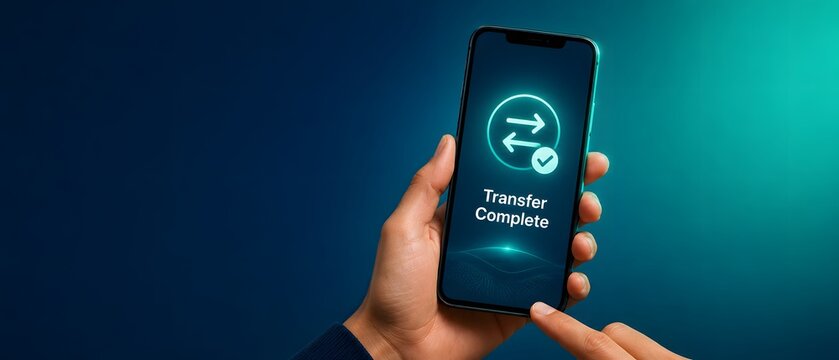 Money transfer complete, hand holding smartphone for mobile banking, digital transaction and online payment. Finance app, electronic wallet and fund exchange with currency, deposit and commerce