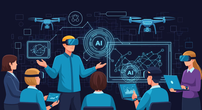People learning about artificial intelligence and drones using virtual reality headsets.