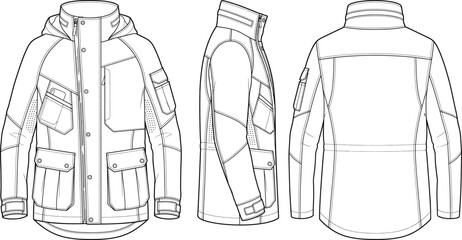 Technical utility field parka jacket fashion flat sketch multi view cargo coat template front side back view vector illustration © Lakhi