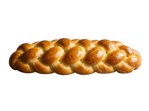 Freshly baked golden braided challah bread loaf isolated