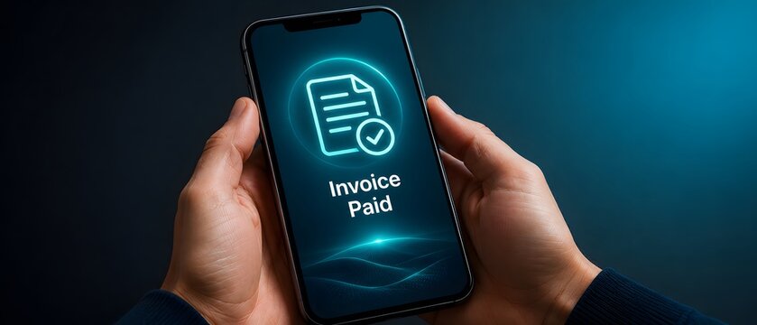 Invoice paid, hands and smartphone for mobile payment, digital banking and online finance transaction. Business person, electronic billing and app for wealth management, money and success growth.