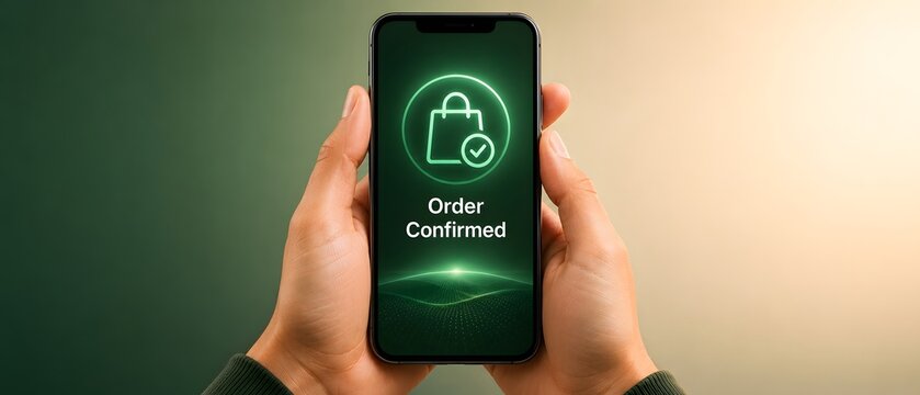 Online shopping, mobile and order confirmed on smartphone for retail, e-commerce and digital purchase. Hands, phone and banking with transaction, delivery and commerce for business growth and app