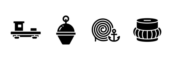 Nautical and marine equipment icon set with cargo barge buoy anchor rope and docking fender © ARIF