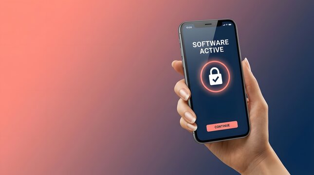 Mobile security, software activation and phone in hand for cybersecurity, data protection and internet safety. Woman, privacy and electronic device for app access, login and digital firewall networks