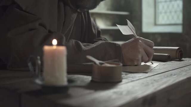 Hand of a medieval monk writing the first line of text on a parchment page with a quill pen near a melting candle standing on a wooden table inside a scriptorium