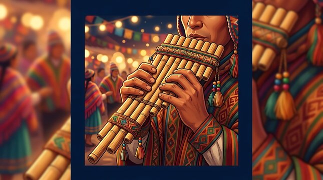 Musician playing traditional andean pan flute at festive celebration