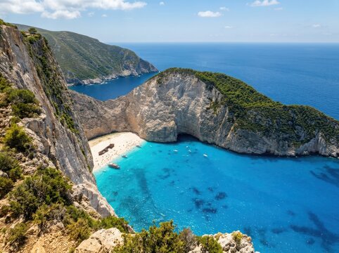 Beautiful navagio beach with blue water and steep cliffs on zakynthos island in greece during a sunny summer day