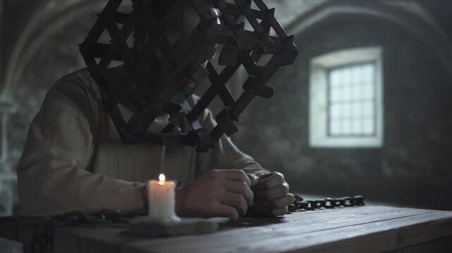 Chained dungeon prisoner wearing an iron head cage slowly clenching and unclenching hands, staring blankly into distance while sitting at a wooden table next to a burning candle, inside a cell