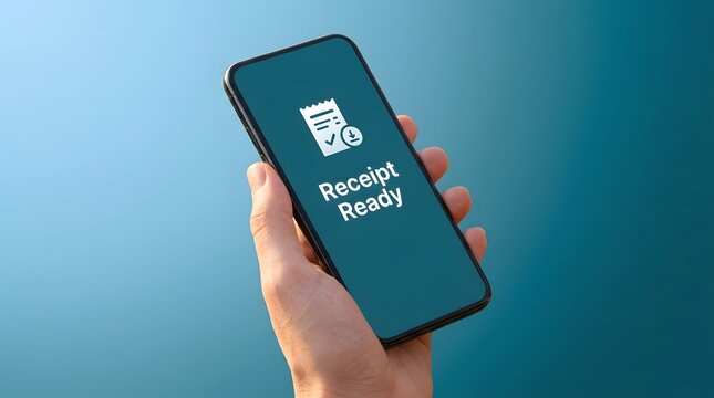 Digital receipt, phone and hand with mobile app for payment, online banking and e-commerce transactions. Financial service, banking and screen with shopping, money and paperless invoice management