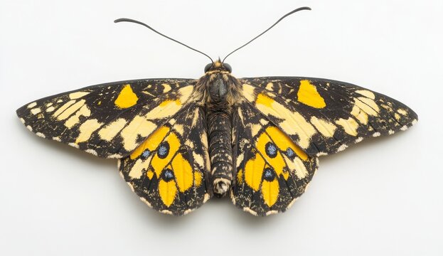 Black And Yellow Butterfly With Detailed Wing Pattern On White Background