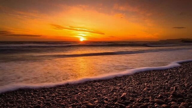 Sunset loop golden light dances across wet pebbles waves roll rhythmic across coastal shore