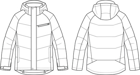 Technical winter puffer jacket fashion flat sketch padded quilted hooded coat design template front back view vector illustration © Lakhi