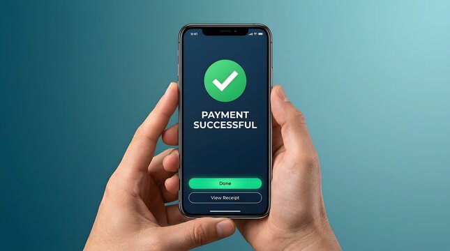 Mobile payment success on smartphone with hands and digital banking for finance, online transaction and electronic money. Consumer, cellular and ecommerce with screen, checkmark and banking app now