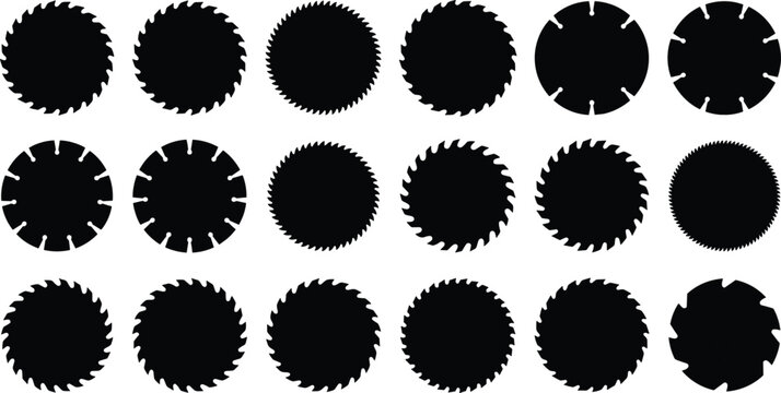 Professional circular saw blade silhouette set for woodworking industrial branding and hardware design.