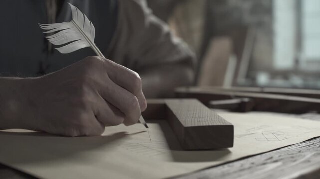 Hands of a medieval scholar marking precise intervals on a straight line with a quill pen along a wooden measuring square tool on parchment paper inside an artist studio