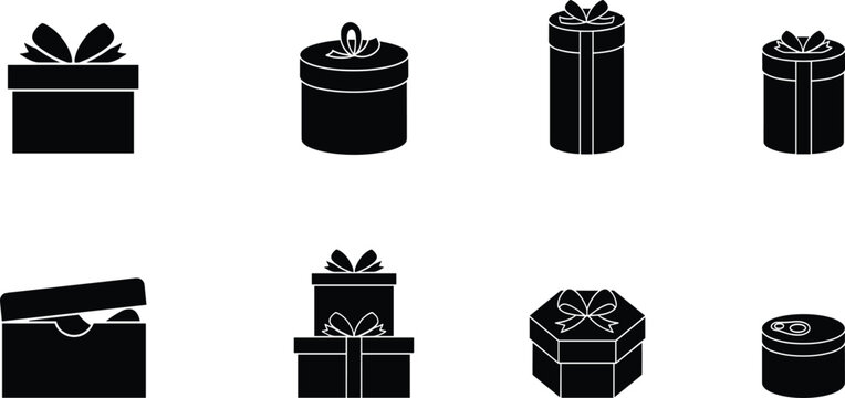 Collection of black silhouette gift box icons with various shapes and ribbon decorations for packaging and celebration design