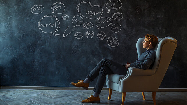 Young Man Sitting in an Armchair Thinking and Reflecting with Thought Bubbles Drawn on a Chalkboard Background