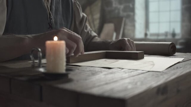 Hands of a medieval inventor verifying a blueprint of a flying machine wing with a wooden square ruler on parchment paper near a burning candle inside a craftsman workshop