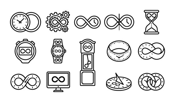 Infinity Time Icons: Clock, Stopwatch, Hourglass, Sundial, Gears, Computer Symbols