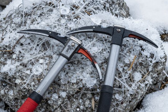 Snowy Mountain Climbing Equipment - Ice Axe and Crampon