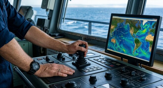 船橋で海流マップを確認する航海士