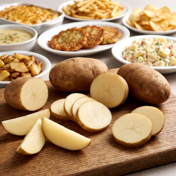 A Comprehensive Display of Potatoes: Freshly Cut Tubers Alongside a Versatile Collection of Cooked Culinary Creations