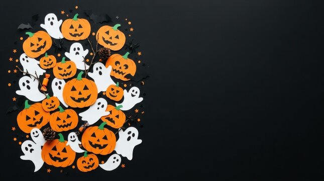 Spooky halloween decorations jack o' lanterns ghosts and bats on a dark background