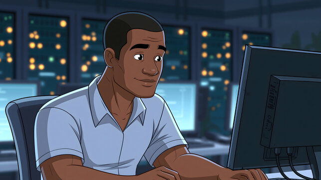 Cartoon style African American male IT specialist working at computer monitor in data control center room at night