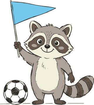 Cute cartoon raccoon holding a blue flag and standing next to a soccer ball