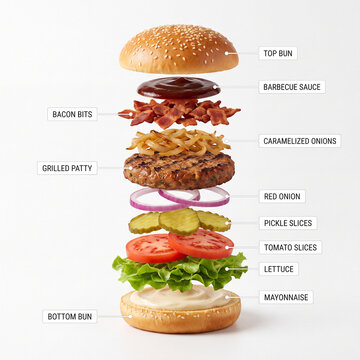 A meticulously arranged deconstructed burger with sesame bun, grilled patty, bacon, and fresh vegetables presented on a clean white background.