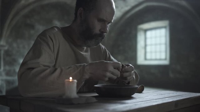 Bearded medieval man breaking a piece of bread over a wooden bowl and eating it, while sitting at a rustic table next to a solitary burning candle, inside a dark jail cell