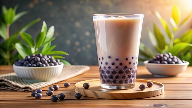 Taro bubble tea with tapioca pearls served in a clear cup isolated for a fresh and inviting look