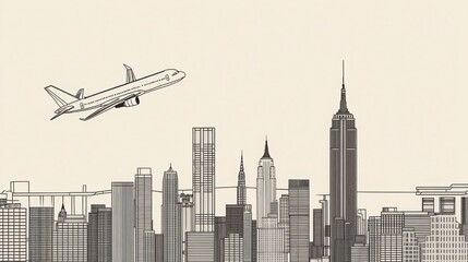 Fototapeta premium Cityscape Drawing With Airplane