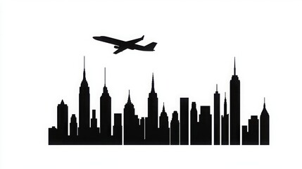 Obraz premium City Skyline Silhouette With Airplane