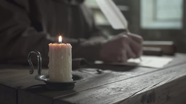 Monastic scribe finishing a manuscript sheet with a long quill pen and putting out a candle flame with a metal snuffer tool, inside a medieval dark library.