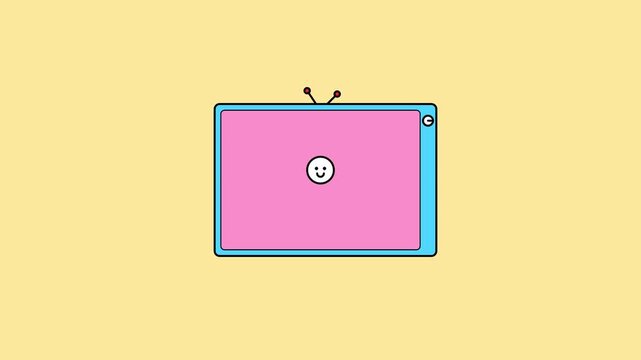 Minimalist 2D animation of a blue retro television with a pink screen and happy smiley face icon on yellow background