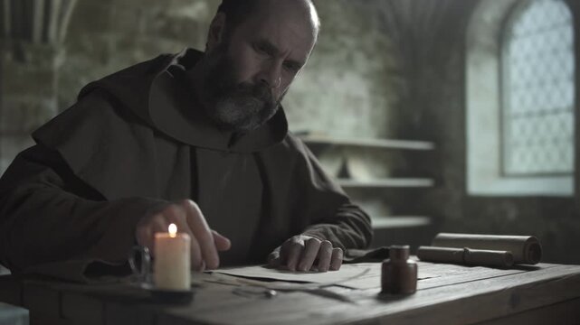 Monastic scribe finishing a calligraphy page with a large white quill and putting out a candle flame with an small iron tool, against the blurry background of a library