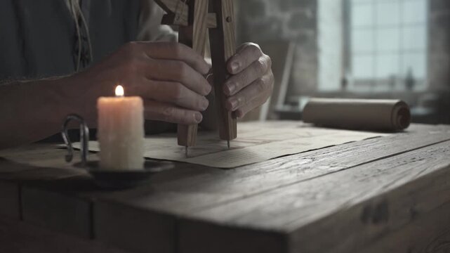 Close up of master hands checking an ornithopter blueprint with a large wooden divider tool next to a lit candle on a desk inside a medieval studio