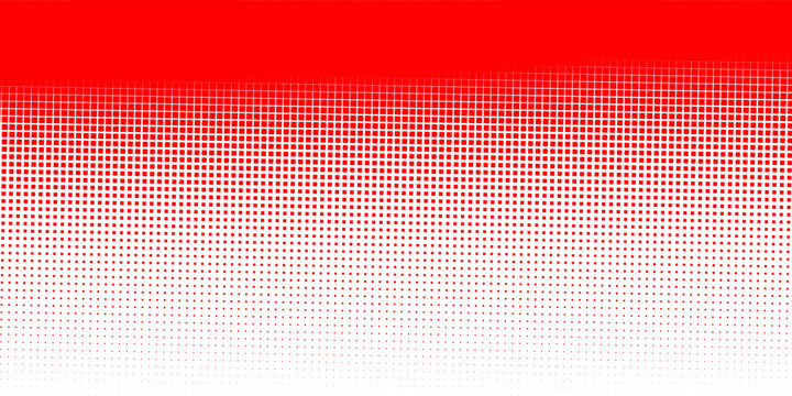Red square pixel halftone gradient texture. Fading checkered gradation wallpaper. Abstract vanishing comic pop art backdrop. Vector repeated rasterized effect overlay. Bright squared dot background