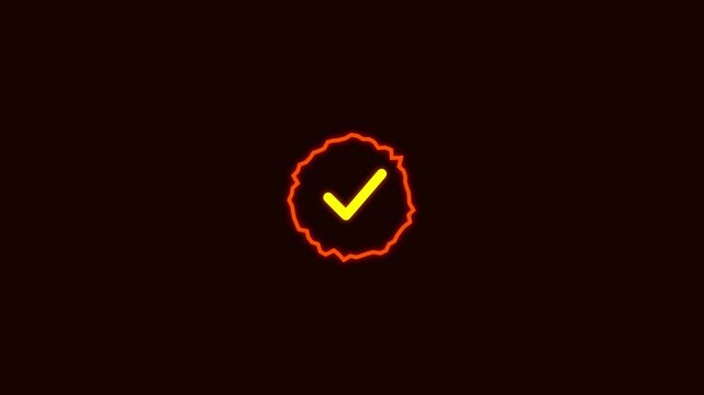 Animated Glowing Neon Yellow Checkmark Icon with Orange Jagged Circle for Business Approval and Success Concept