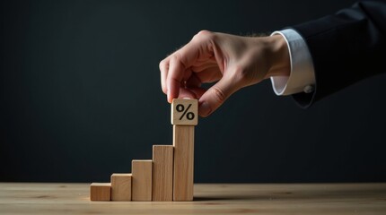 Profesional de negocios equilibrando cuidadosamente un cubo de porcentaje sobre una tabla de crecimiento de madera © Leonardo