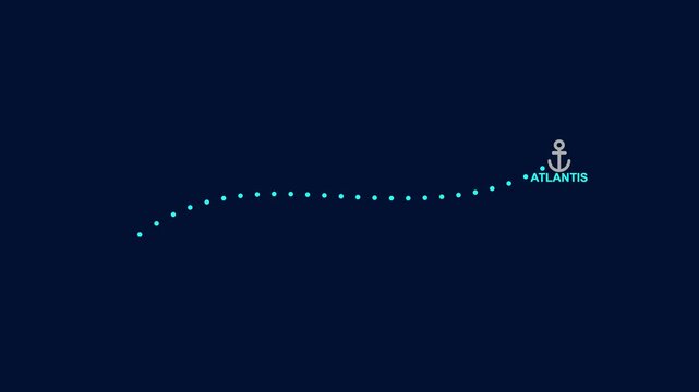 Minimalist motion graphic of a yellow submarine navigating a dotted path toward a maritime anchor and text Atlantis