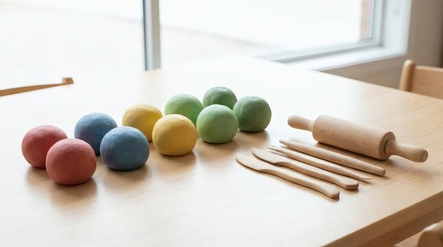 Colorful Play Dough Balls and Wooden Crafting Tools on a Table for Children's Creative Play