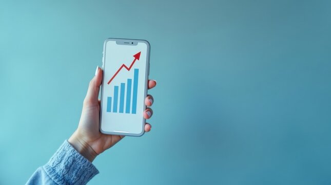 Mano femenina sosteniendo un tel&eacute;fono inteligente con una aplicaci&oacute;n bancaria que muestra un gr&aacute;fico financiero ascendente