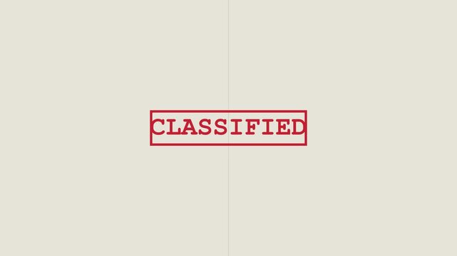 Red Classified Stamp Animation with Glitch and Censor Bar Effects on Off White Background for Secret Documents