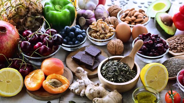 Variety of superfood products representing healthy diet