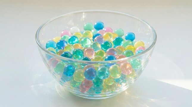 Vibrant colorful water beads in a clear glass bowl on a white surface, creating an abstract and playful background.