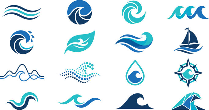 Ocean Wave and Water Splash Icon Set Featuring Sailboats, Water Drops, Compass Elements, and Halftone Dots for Maritime and Eco Friendly Logo Designs