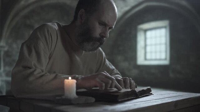 Medieval prisoner stroking his beard while reading an ancient book near a burning candle on a stone base on a wooden table inside a gloomy dungeon